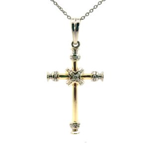 Kreuzanhänger in gelb und weissgold mit Zirkonia ausgefasst