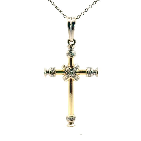 Kreuzanhänger in gelb und weissgold mit Zirkonia ausgefasst